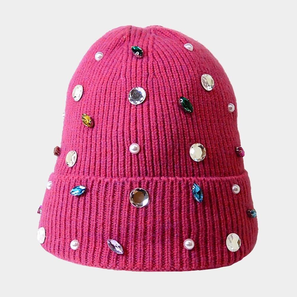Rhinestone & Pearl Jewel Embellished Fleece Lining Knit Beanie Hat